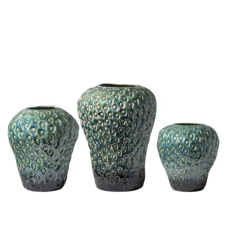 Creative engraving green strawberry home decoration ceramic modern vase three-piece set