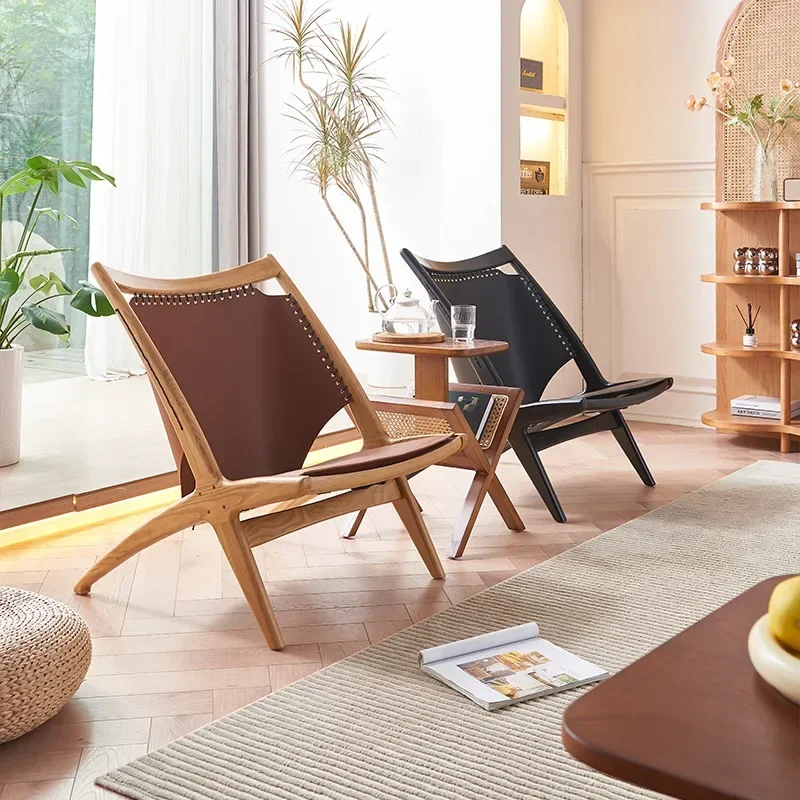 Solid wood leisure living room saddle leather designer sofa chair,  bed and breakfast Internet celebrity lounge chair