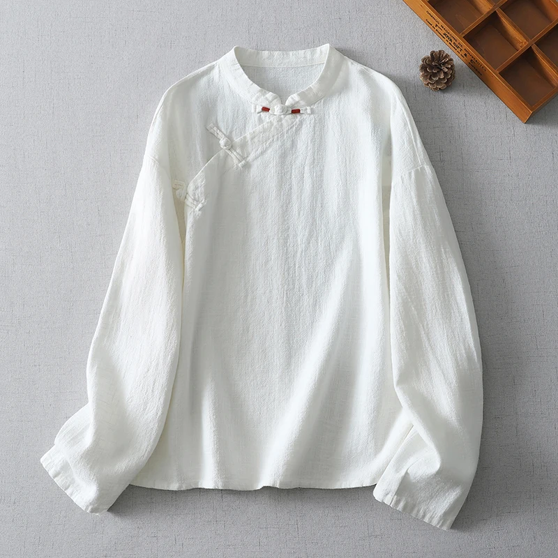 

Solid Color Cotton and Linen Long-sleeved Collar Shirt Women's Spring and Summer New Artistic Elegant Retro Pastoral Casual Top