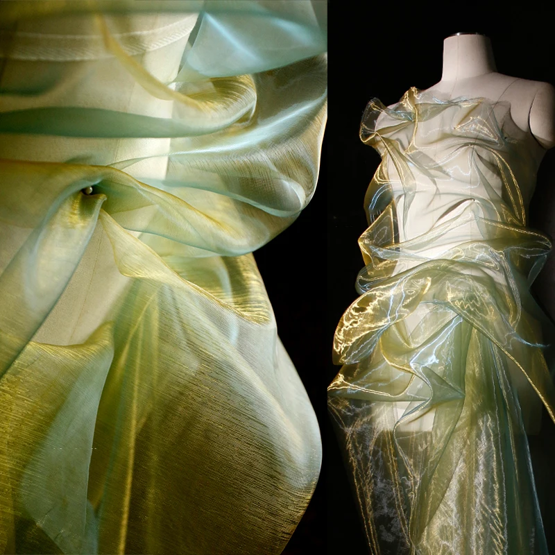 Yellow-green  light water silk gauze liquid organza gauze fabric dress skirt coat clothing designer fabric