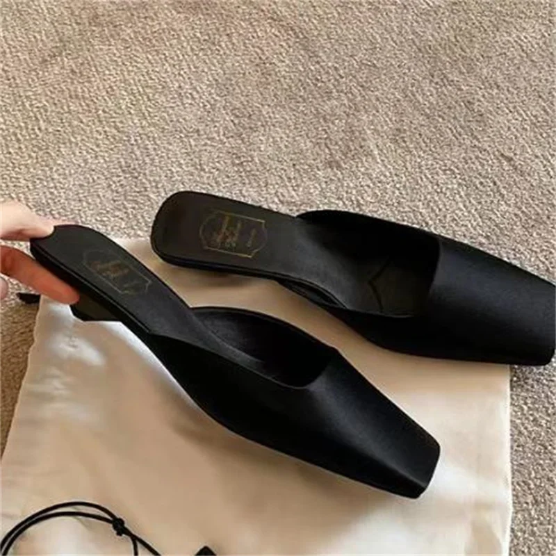 

Satin Shoes for Ladies Square Toes Womens Strange Style Heels Sewing Lines Female Mules Shallow Chassure Femme Solid Slippers