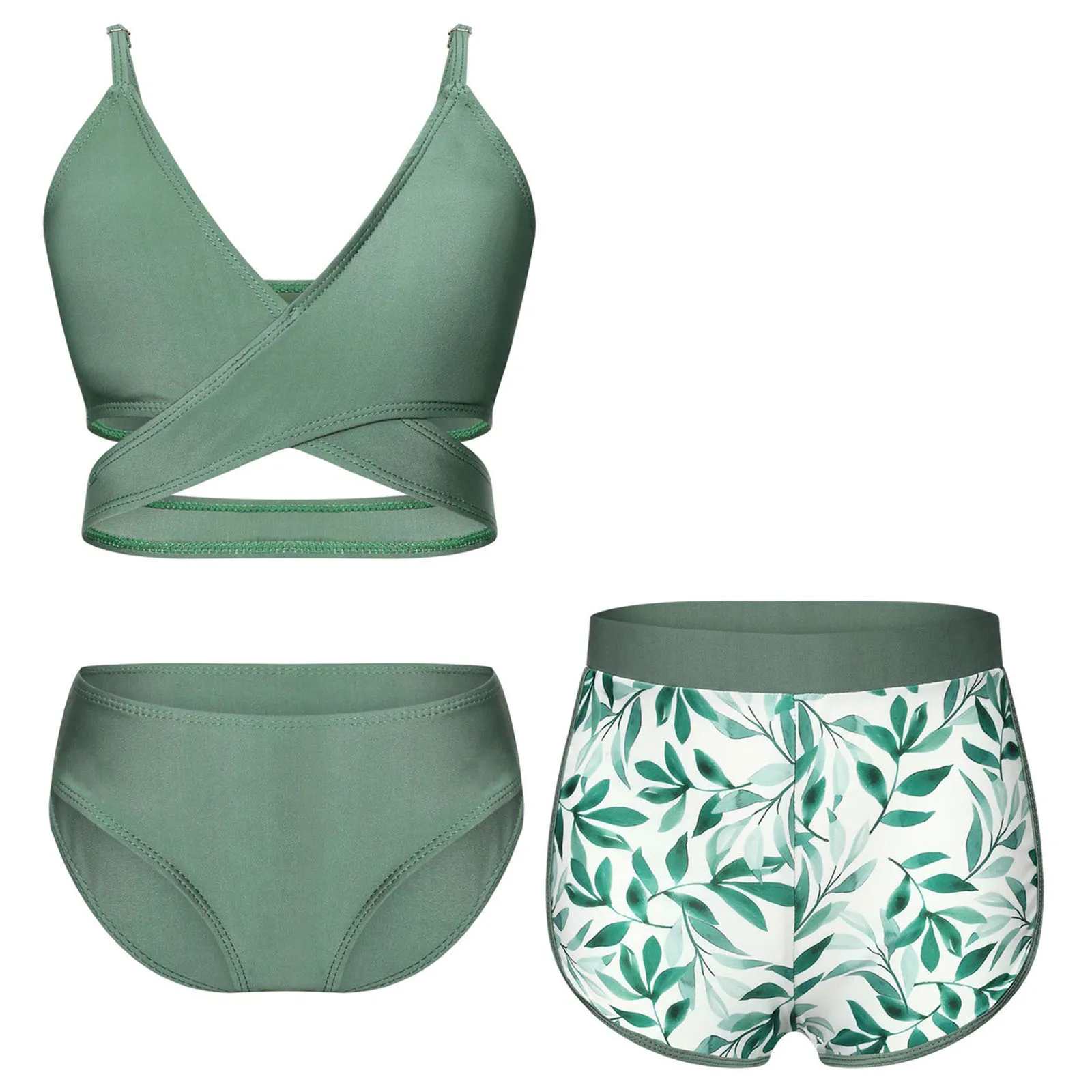 

Girls 3 Piece Bikini Bathing Suit Spaghetti Straps Padded Swim Tops with Bottoms and Cove Up Shorts Sets Teen Girls Swimwear