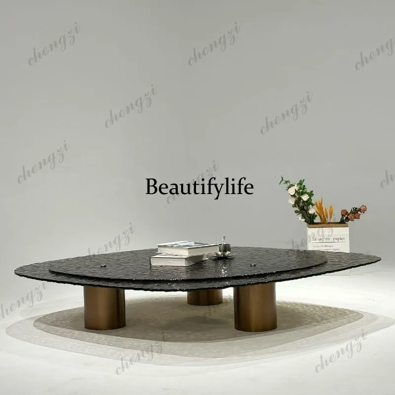 Italian minimalist irregular coffee table villa special-shaped water ripple glass light luxury brown double-layer coffee table