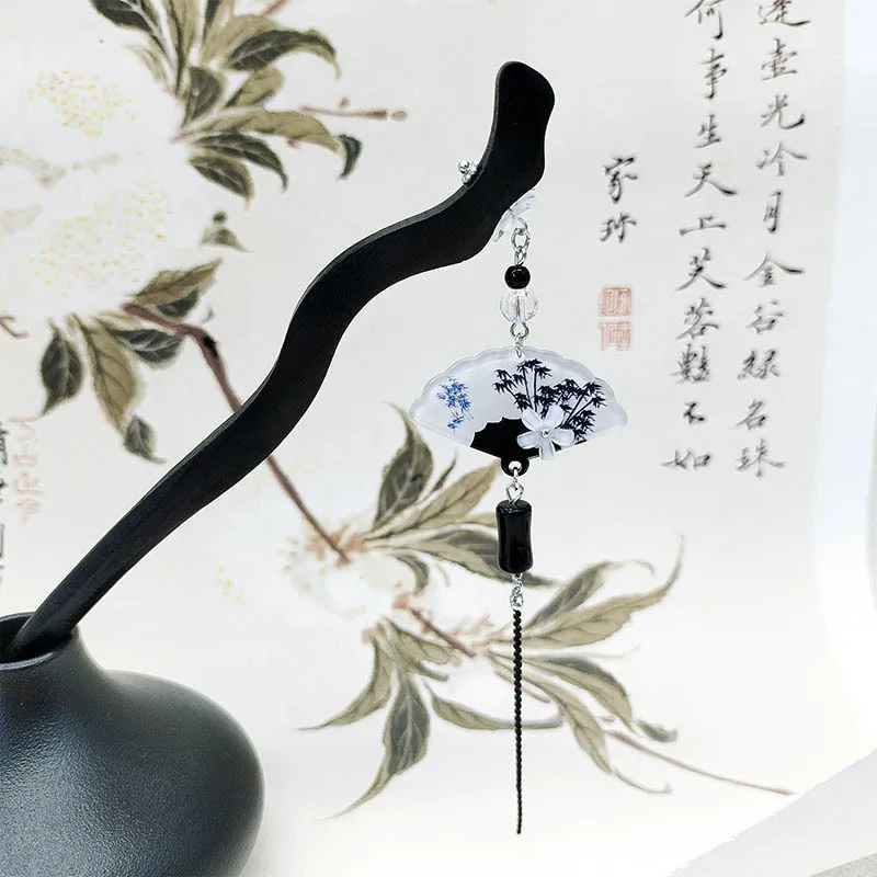 إكسسوار شعر على الطراز الصيني، لوحة غسيل بالحبر، قلادة على شكل مروحة من أوراق الخيزران، شرابة، أغطية رأس دبوس شعر بارد وأنيق #2