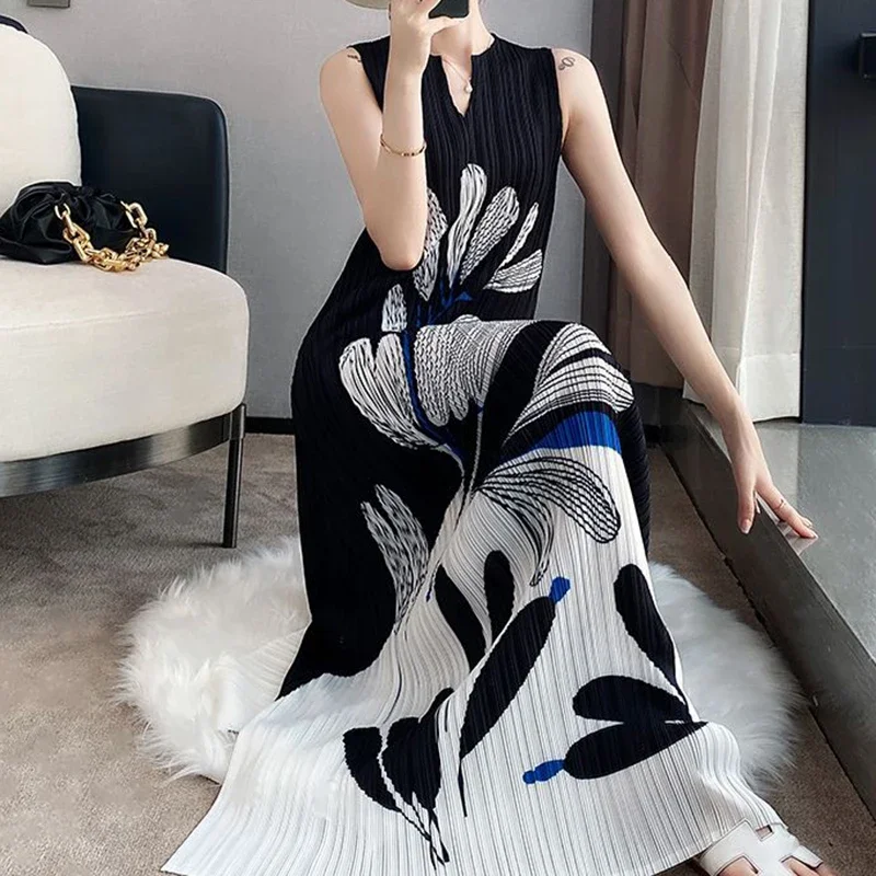 فساتين طويلة بدون أكمام مطبوعة بالحبر مطوي فستان طويل لصيف 2025 فستان نحيف جديد فستان طويل من فيستدوس دي فييستا