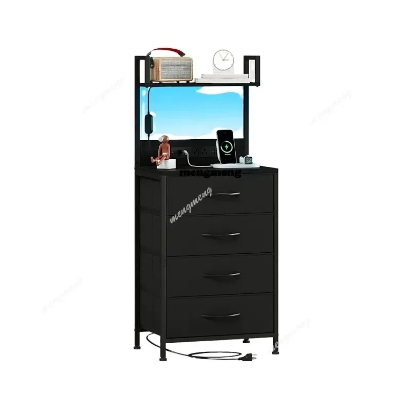 

Black Nightstand Charging Station LED Lights Bedside Table Tall 4 Fabric Drawers Top Shelf for Bedroom Guest Room Dorm Hallway