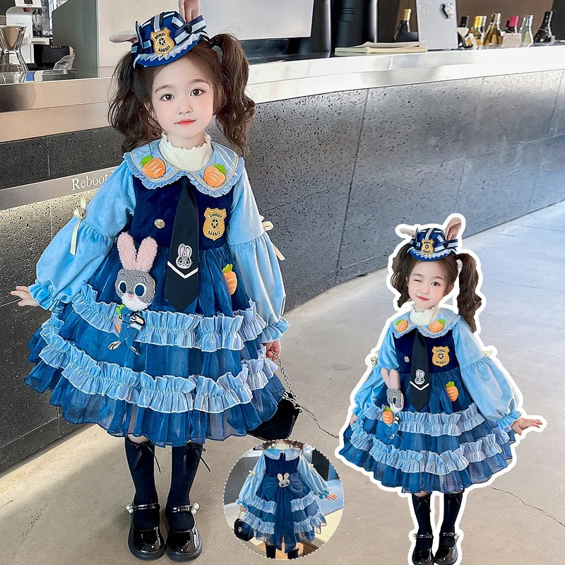 Zootopia Judy Hopps vestido de princesa terciopelo azul estilo Lolita lindo dulce manga larga niños juego de rol regalo de Navidad niña juguete