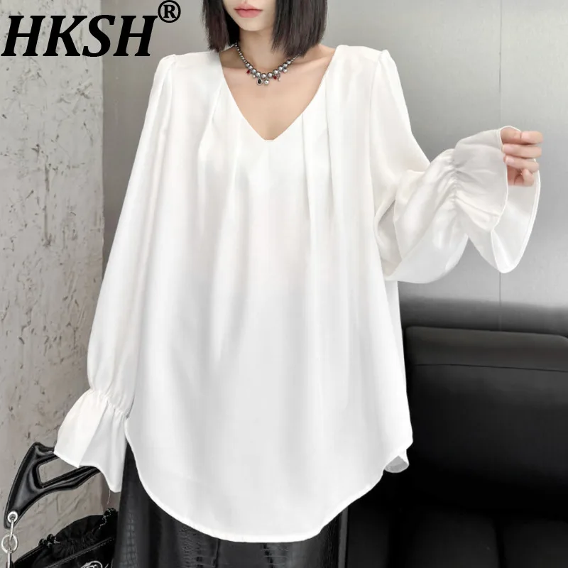 

HKSH весна осень новая женская футболка с v-образным вырезом и длинными рукавами однотонная милая элегантная модная универсальная футболка повседневные топы HK17970