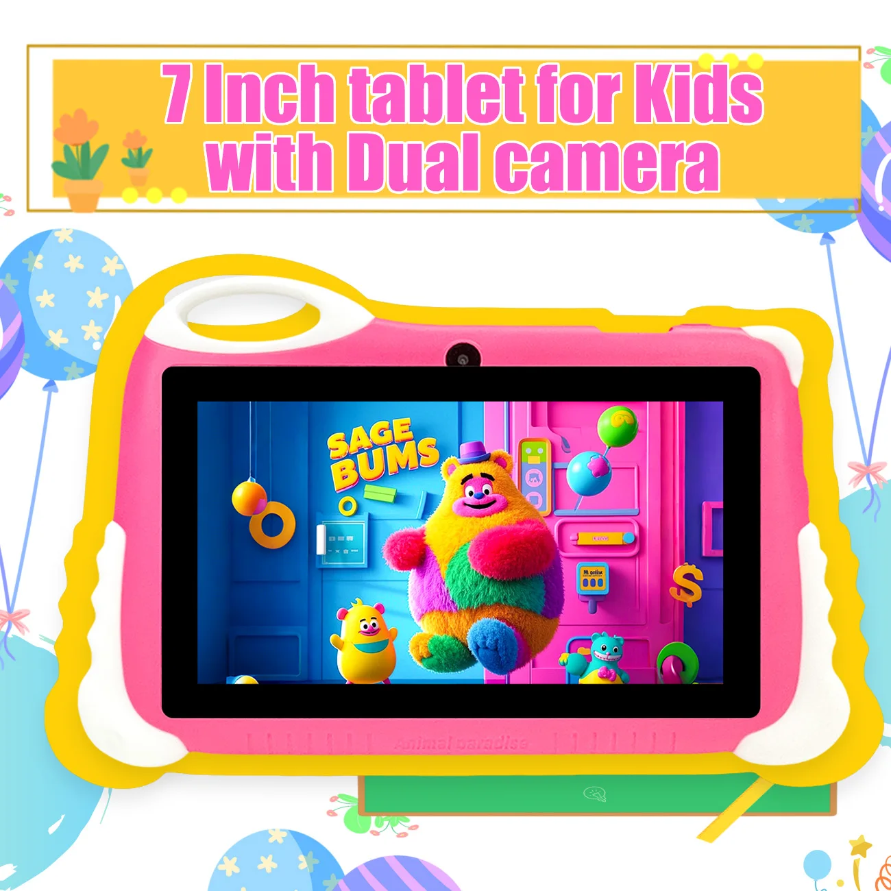 Tablet infantil Android 12 de 7 polegadas, tablet educacional com câmeras duplas, projetado para meninos e meninas como aniversário divertido, presentes de Natal