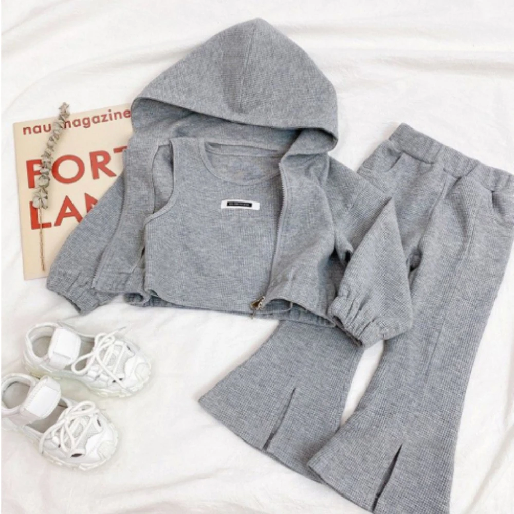 Korean Version  Fashion  Autumn and Winter New Girls' Sports and Leisure Suit Vest+hoodie+long Pants Three Piece Set