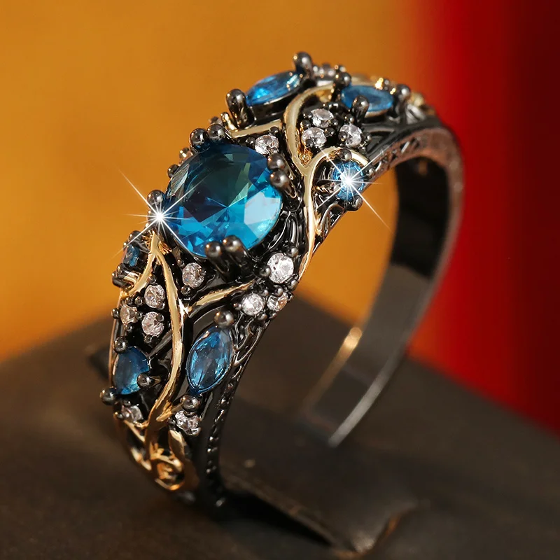 Vintage Vine Patterned Women's Black Ring Inlay Synthetic Zircon Staggered Design Personalized Ring Street Fashion Jewelry