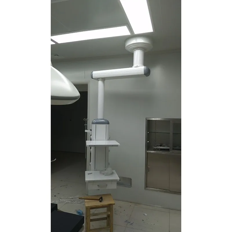 Manual single-arm ICU pendant, height-adjustable medical ceiling equipment with multi-layer tray for ventilator placement