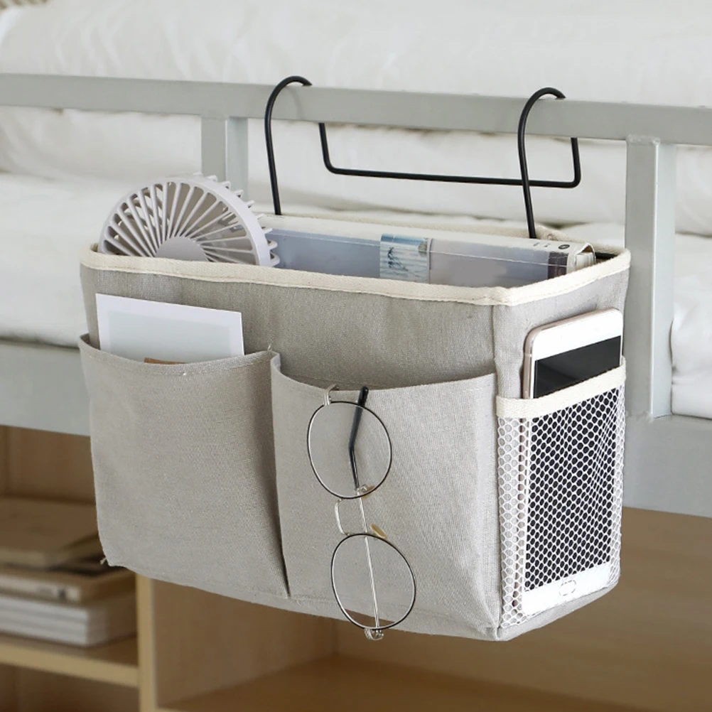 

2pcs Bedside Hanging Storage Bag Cotton Iron Large Capacity Dorm Organizer For Books Phones Snacks Bed