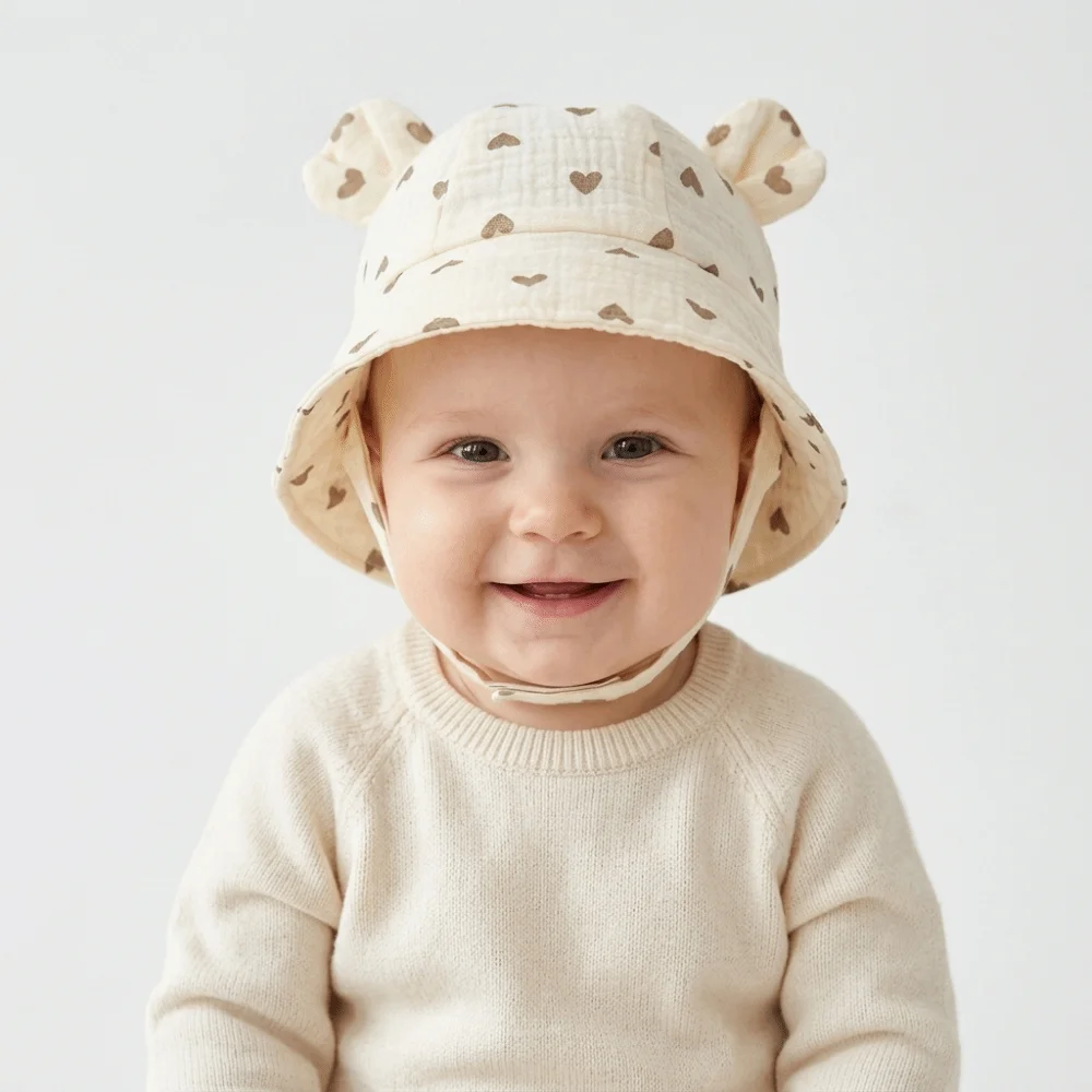 

Cute Adjustable Baby Sun Hat Breathable Unisex Cotton Baby Hat Wide Brim Print Design Kids Beach Cap for Travel Summer