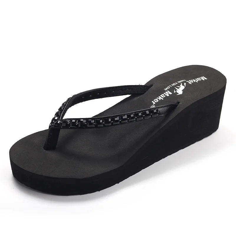 

2022 Summer New Rhinestone High-heeled Slippers Clip Foot Flip Flops Women's Beach Thick Bottom Muffin Bottom Sandals