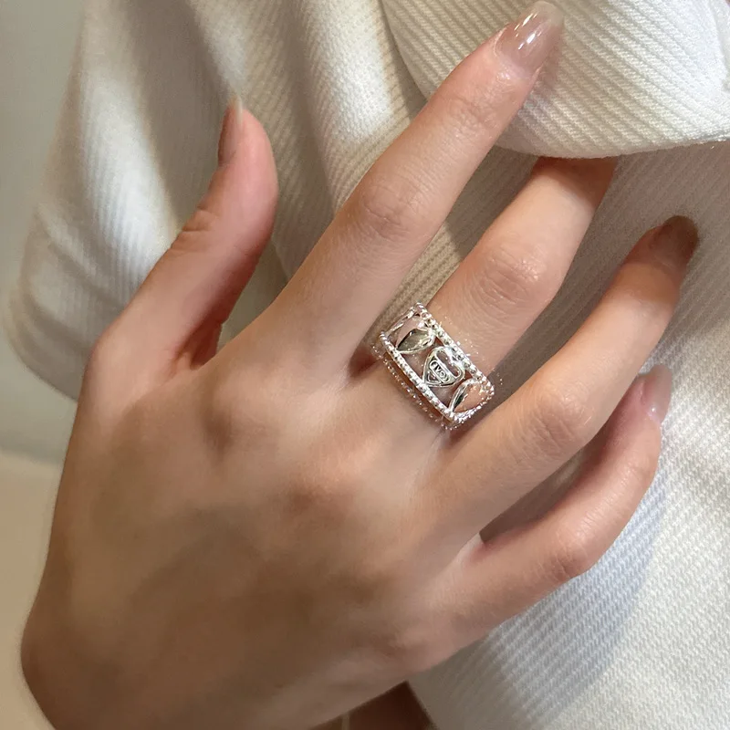 

Sweet Cool Girl Fashion Trend Open Heart-Shaped S925 Sterling Silver Love Ring