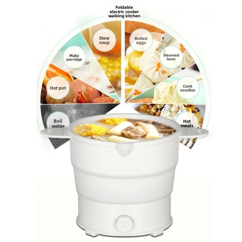 Travel Foldable Electric Mini Cooker 800W 12L Silicone Hot Pot Kettle Multifunctional With Steamer Rack For Noodles