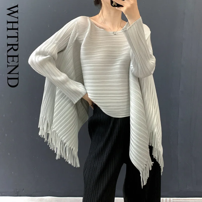 

WHTREND плиссированный топ с кисточками для женщин, круглый вырез, длинные рукава, блузки нестандартной формы, свободный уникальный дизайн, женский элегантный WH2026