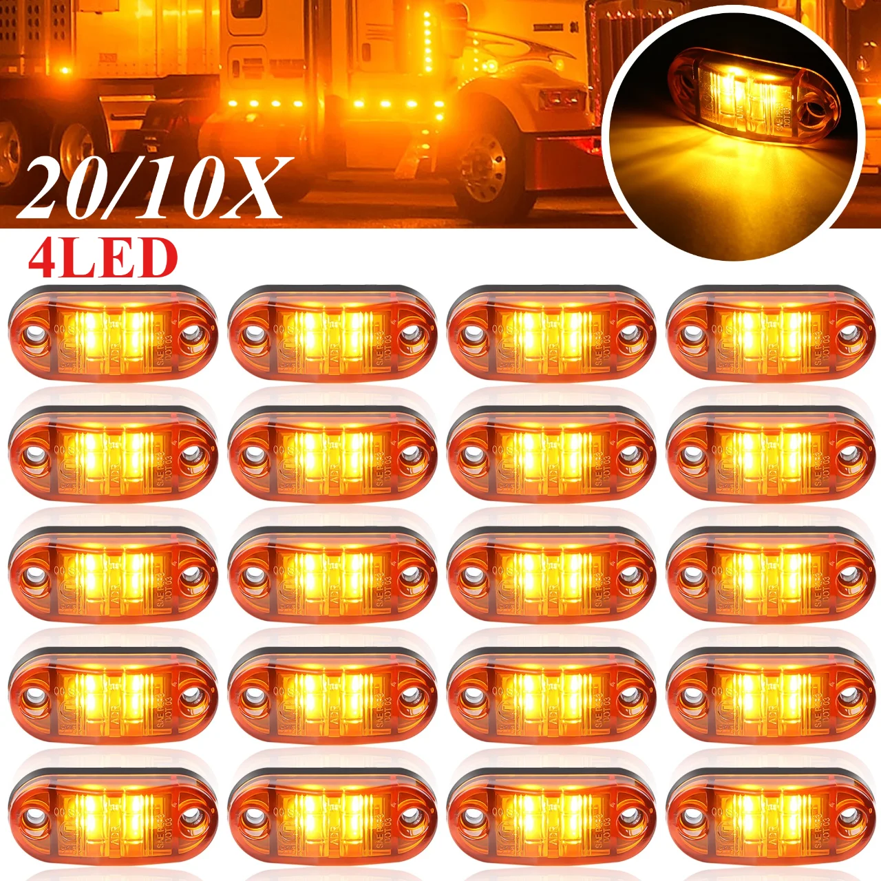 

20PCS 12-24V 4LED Side Marker Lights Oval Front Rear Clearance Indicator Lamp Truck Accessorie for Trailer BUS Van Caravan