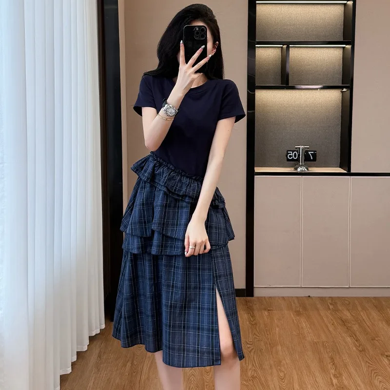 ผู้หญิงฤดูร้อนชุดแฟชั่น ruffled ลายสก๊อต patchwork hem ชุด Chic ปลอม 2 ชิ้น O-คอแขนสั้น Maxi แยกเสื้อยืดชุด