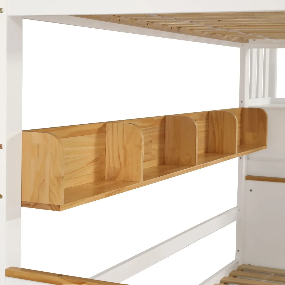 PINGGO Weißes Naturholz-Etagenbett 90x200cm mit Stauraum-Treppe, 4 Schränken, 2 Schubladen, offenem Regal, Fallschirmgitter, Kiefer+MDF, ohne Matratze – Detail 25