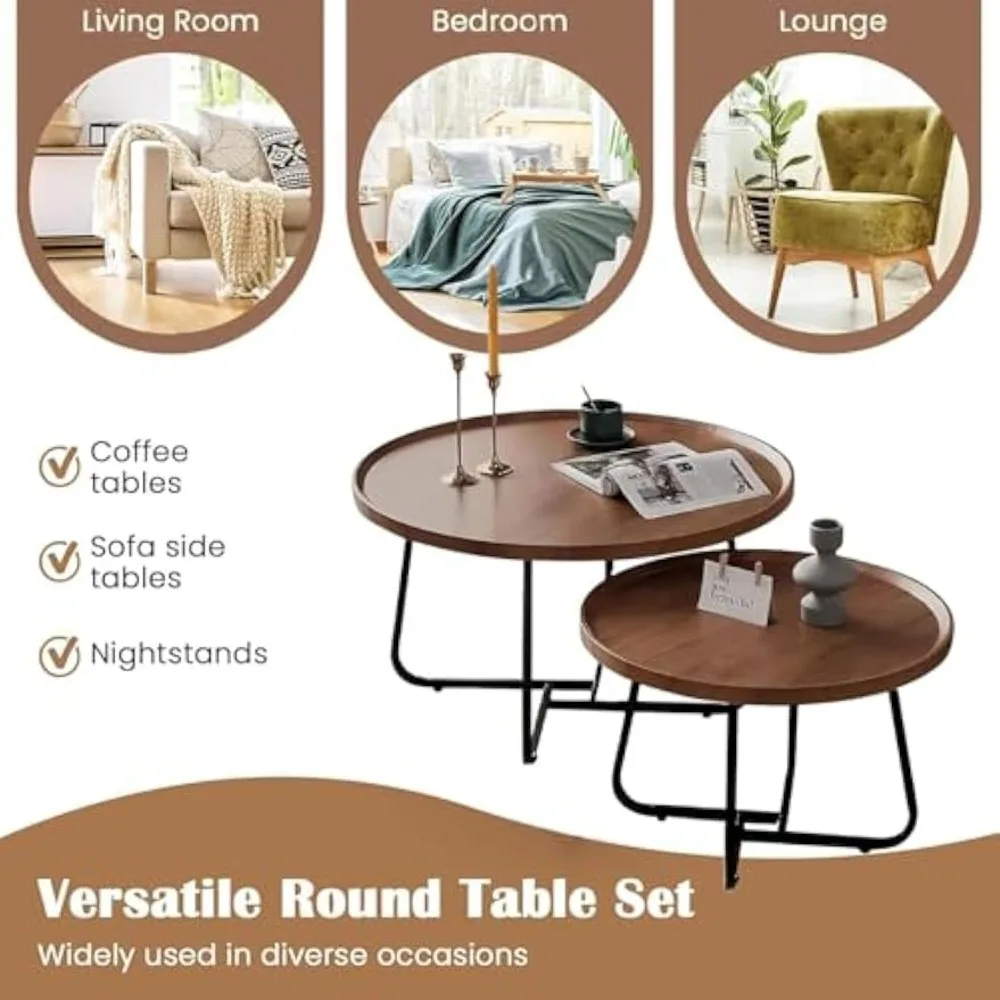 مجموعة طاولات قهوة متداخلة مستديرة من خشب الجوز 28 حديثة في منتصف القرن، تصميم مخدد لغرفة المعيشة أو غرفة النوم أو شرفة المكتب