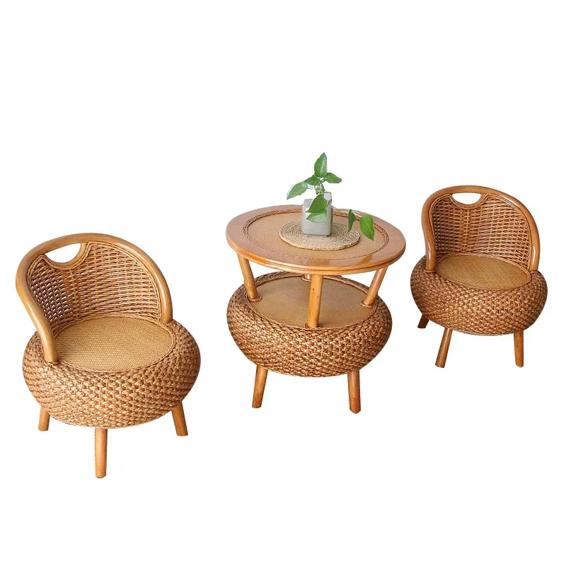 Real rattan balcony, small tables and chairs, three-piece combination,