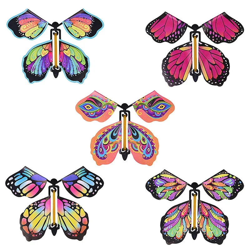 5Pcs Magic Wind Up Flying Butterfly in The Book Kids Magic Fairy Flying Toy Greeting Card Surprise Winding Rubber Band Toy