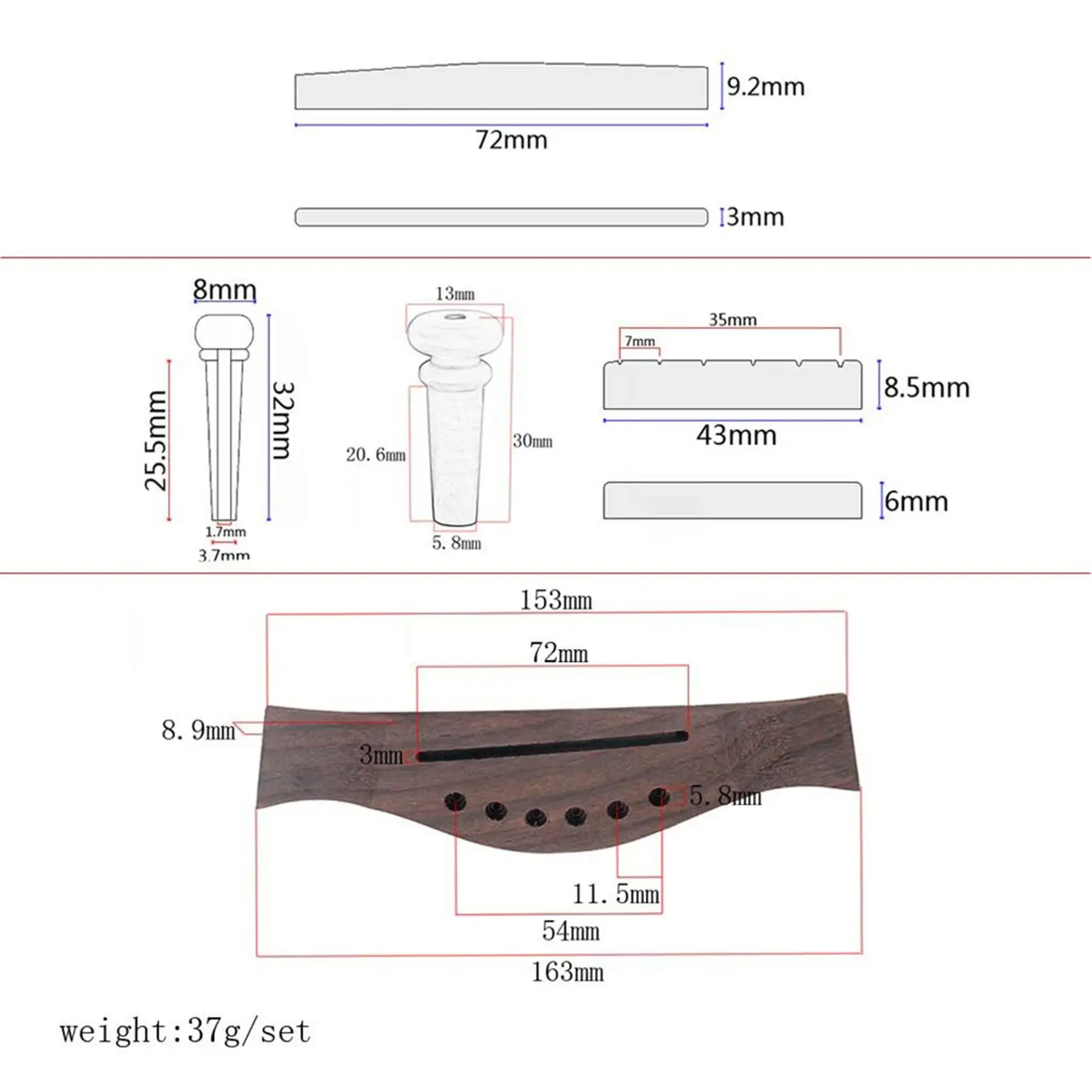 Zestaw naprawczy do gitary akustycznej, zawierający 1 drewniany mostek gitarowy, 6 plastikowych kołków, 1 siodełko i 1 nakrętkę do gitary 6-strunowej.