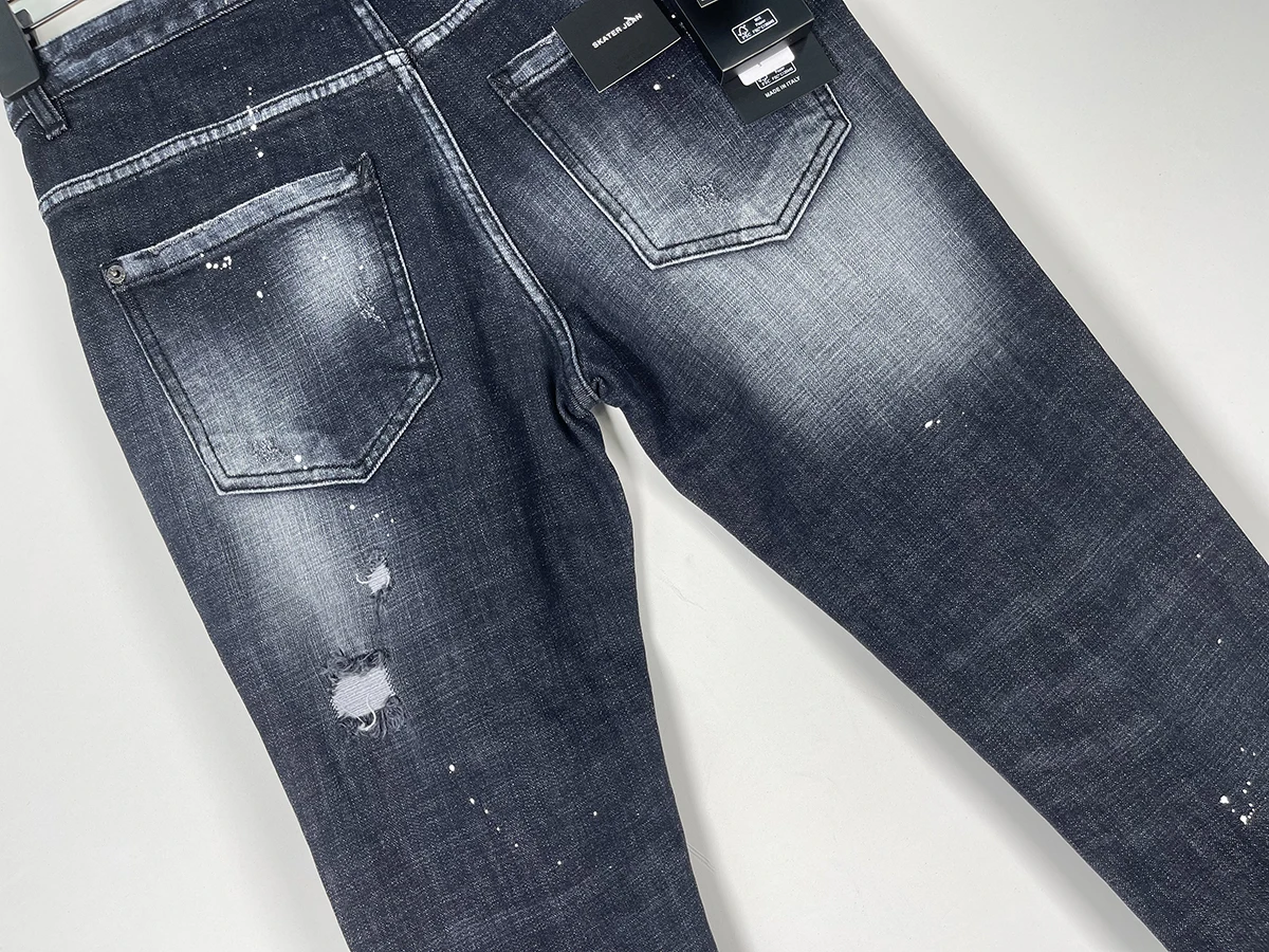 Jeans azuis simples e versáteis para homens, slim fit, micro elástico, tinta salpicada, pés elegantes, D2, novo, 202