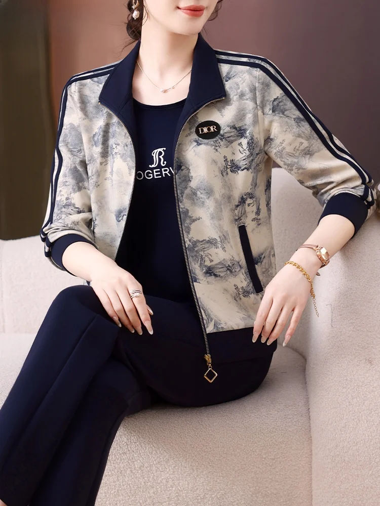 

Повседневный спортивный костюм для женщин среднего возраста, весна-осень, новый, свободный крой, длинные брюки, застежка-молния, с цветочным принтом