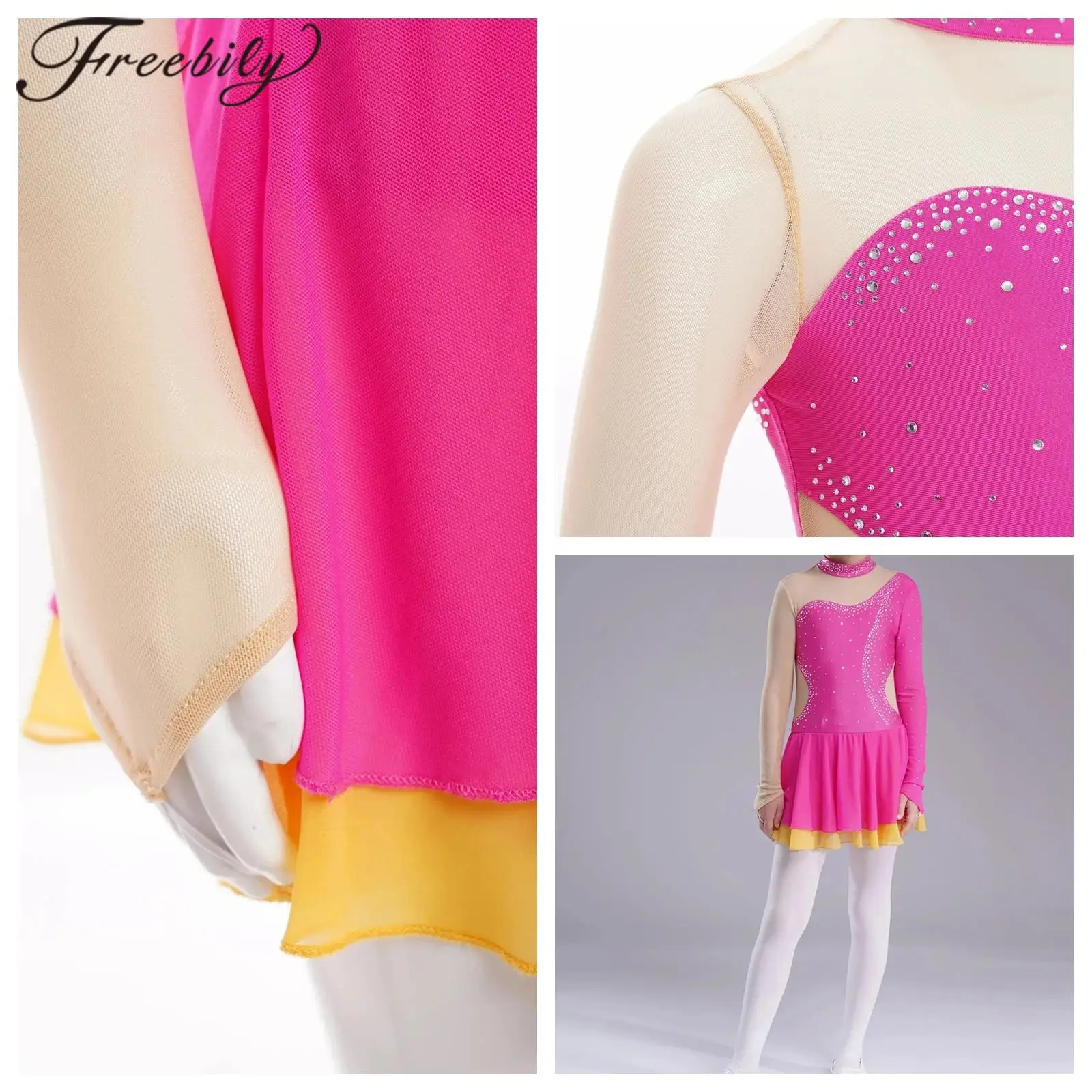 Kids Girls Figure Skating Dress Glittery Rhinestones Gymnastics Leotard Ballet Dancewear Rhythmic Skating Costume Dance Dress
