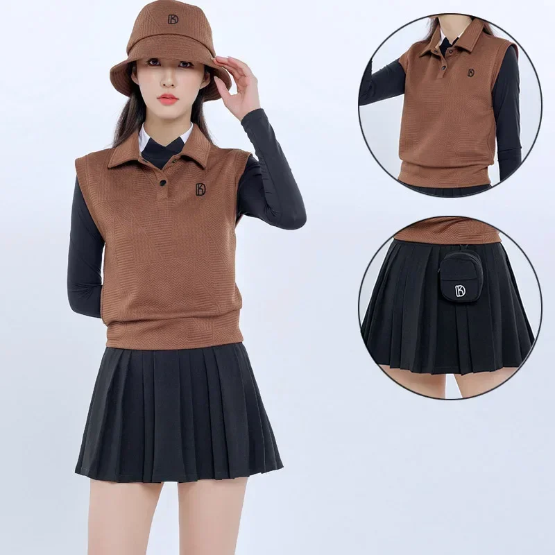 DK Autumn Ladies Sleeveless Knitted Golf Shirt Slim Keep Warm Vest Women Pleated Slim Skirt High Waist Soft Skort with Small Bag