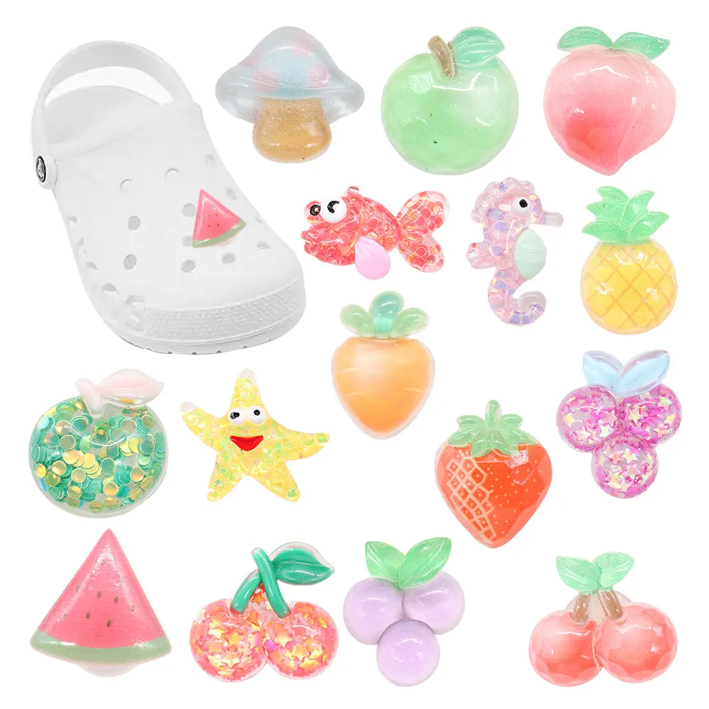 New Arrival 1-15pcs Resin Shoe Charms Peach Apple Grape Carrot Starfish Accessories Shoes Buckles Decoration Fit Kids X-mas Gift