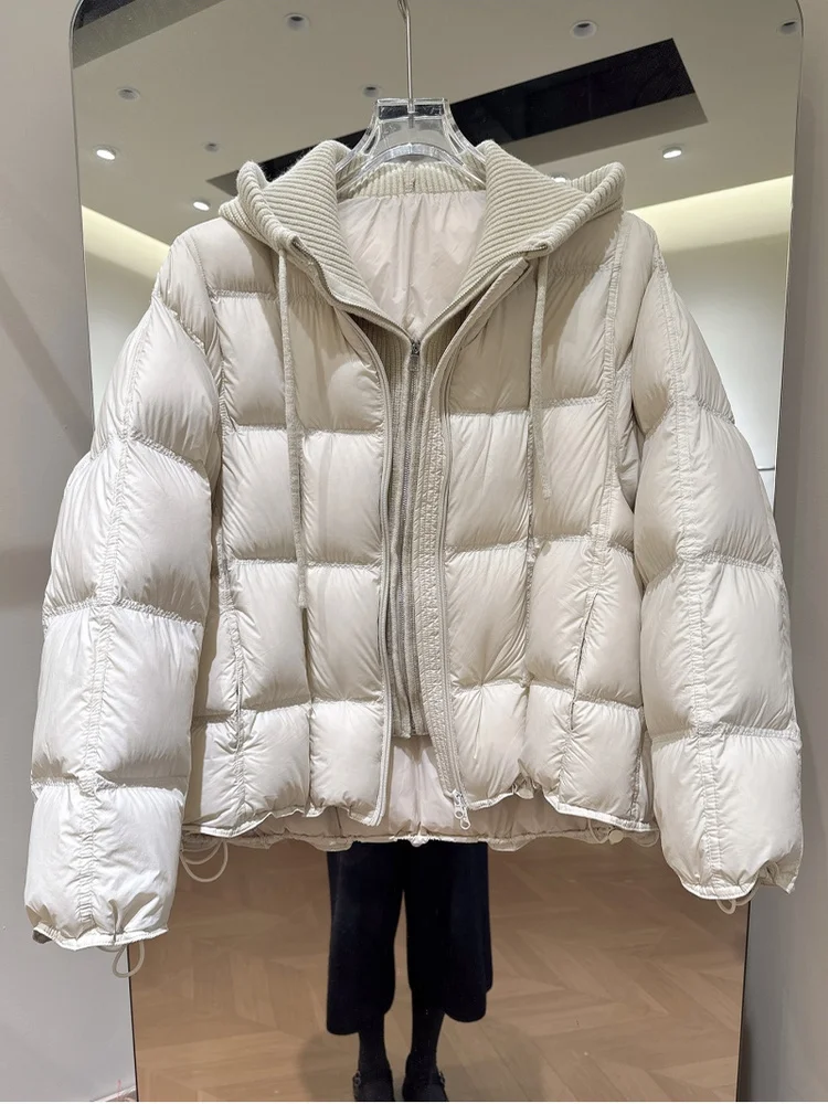 Korean Style Winter Puffer Cotton Jacket Women's Short Knitted Hooded Block Loose Versatile Cotton Coat Outerwear