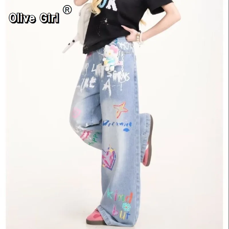 Olivegirl Oversized Jeans American Women's Trousers Dopamine Cartoon Printed Girl's High Street Graffiti Slim Wide Leg Pants