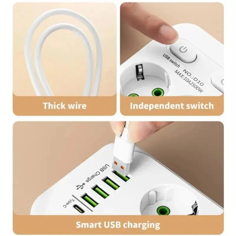 2M Electrical Socket EU Plug6 AC Outlet Multitap Power Strip Extension Cord Smart USB Home Office Surge Protector Network Filter view 2