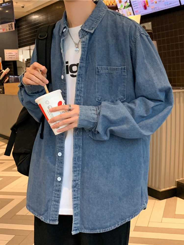 

Мужская джинсовая рубашка свободного кроя в американском стиле, повседневная рабочая одежда, тренд из Гонконга, молодежная мода