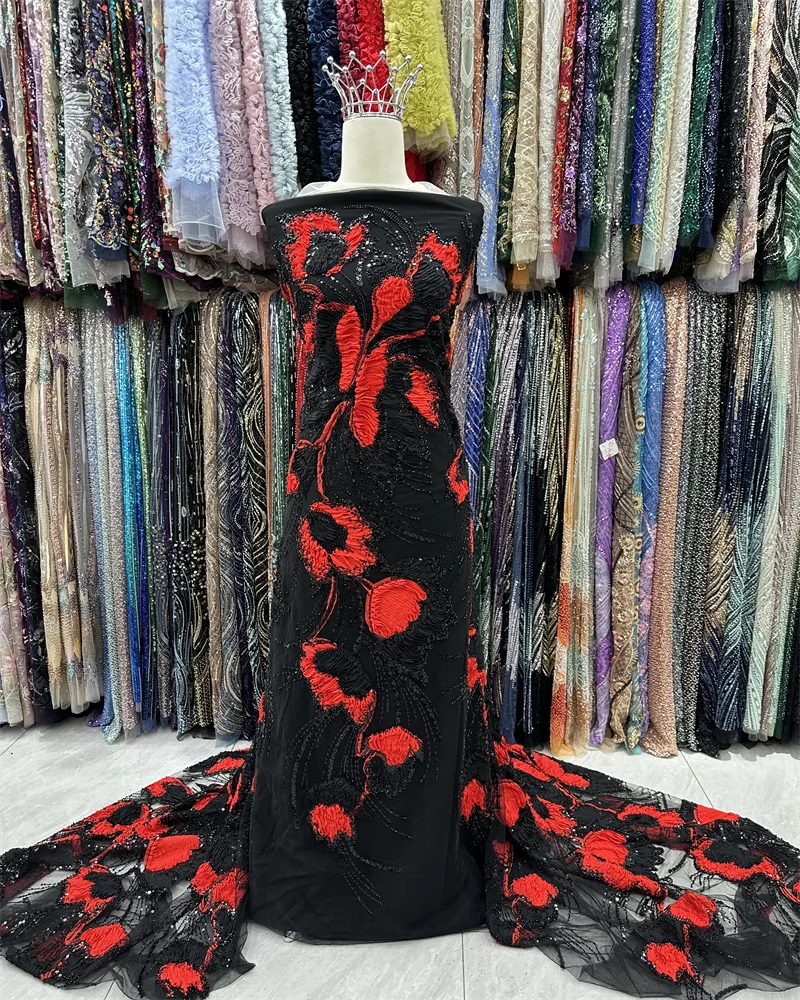 

Высококачественная модная африканская тюль с блестками, вышитая кружевная ткань для жениха, кружевная ткань с блестками и бисером для нигерийского свадебного платья