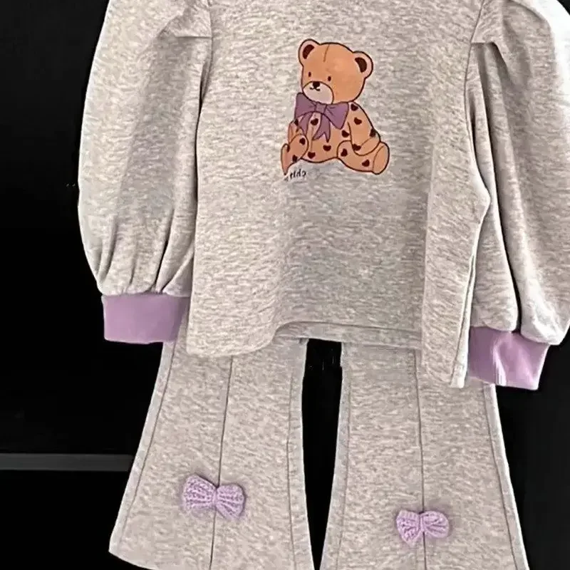 Autumn Children Girls Clothes Cartoon Bear Sweatshirts Pullover Lantern Sleeve Top&Flare Pants 2pcs Suit Long Sleeve Tracksuits