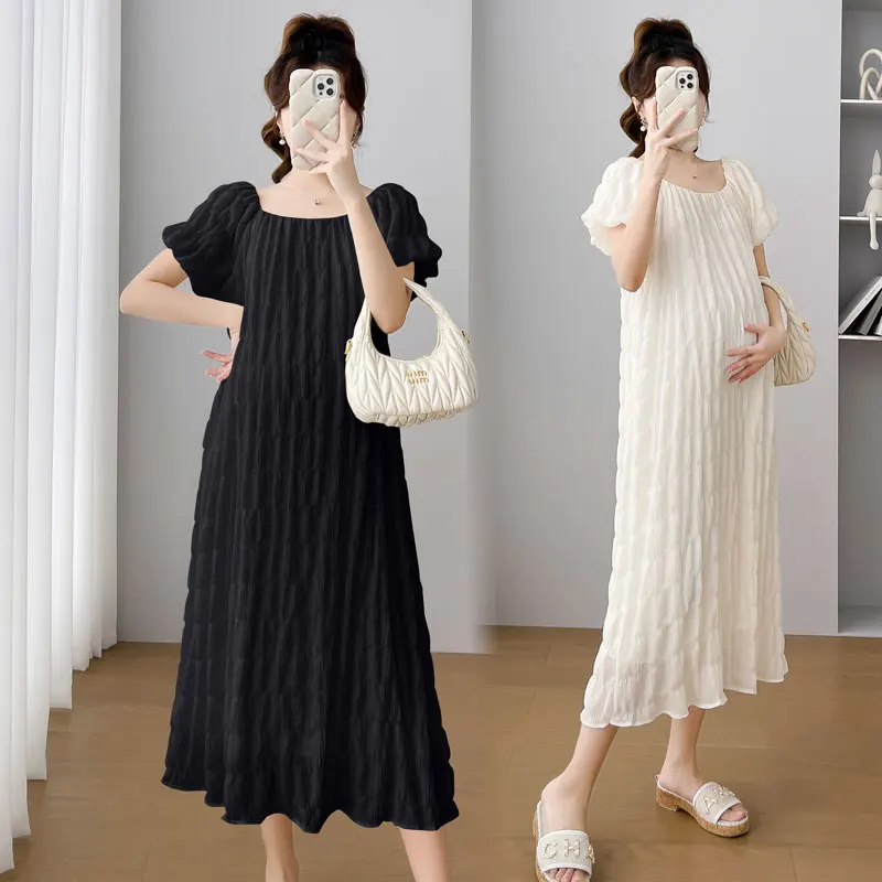 Korean Folds Puff Sleeve Maternity Dresses Fashion Solid Square Collar Loose Pregnancy Dress 2024 Summer New Pregnant Women