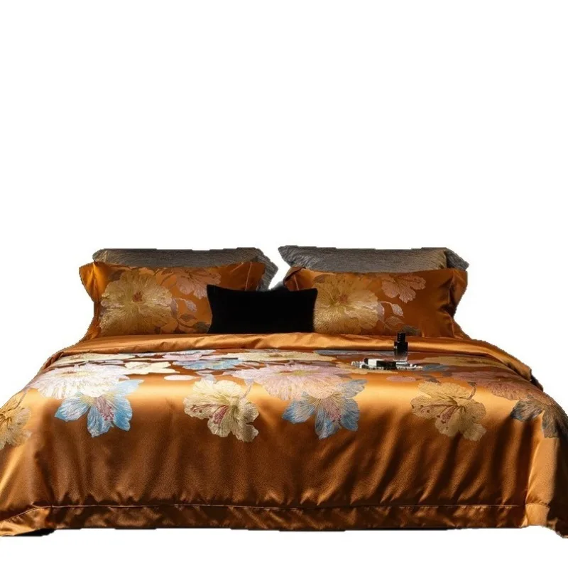 High-end colored woven jacquard gilt brocade four-piece set Tencel cotton quilt cover super soft nude light luxury bedding