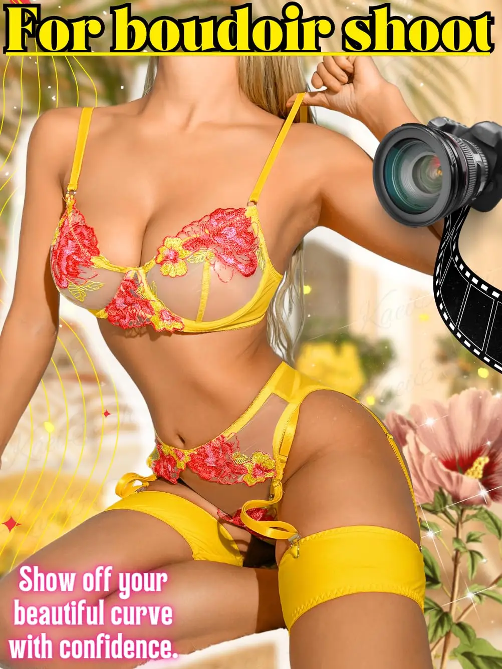 Intimo sexy Giarrettiera ricamata in rete multicolore modellante per il corpo Abito diviso Ricamo floreale, Anello in acciaio, Perizoma, Reggicalze, Intimo in 4 pezzi