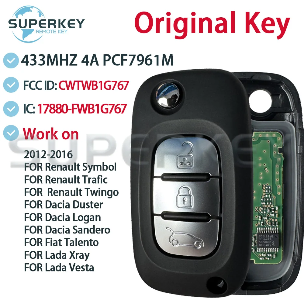 Original 4A CHIP PCF7961 For 2012 - 2016 Renault Megane III Twingo Duster Flip Remote Smart OEM Car Key Fob FCC ID: CWTWB1G767