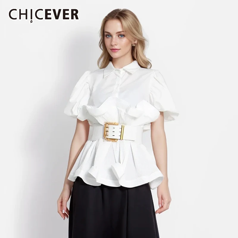 

CHICEVER Solid Shirts For Women Lapel Puff Sleeve Patchwork Belt Single Button Tunic Folds Splcied Ruffles Blouse Female Summer