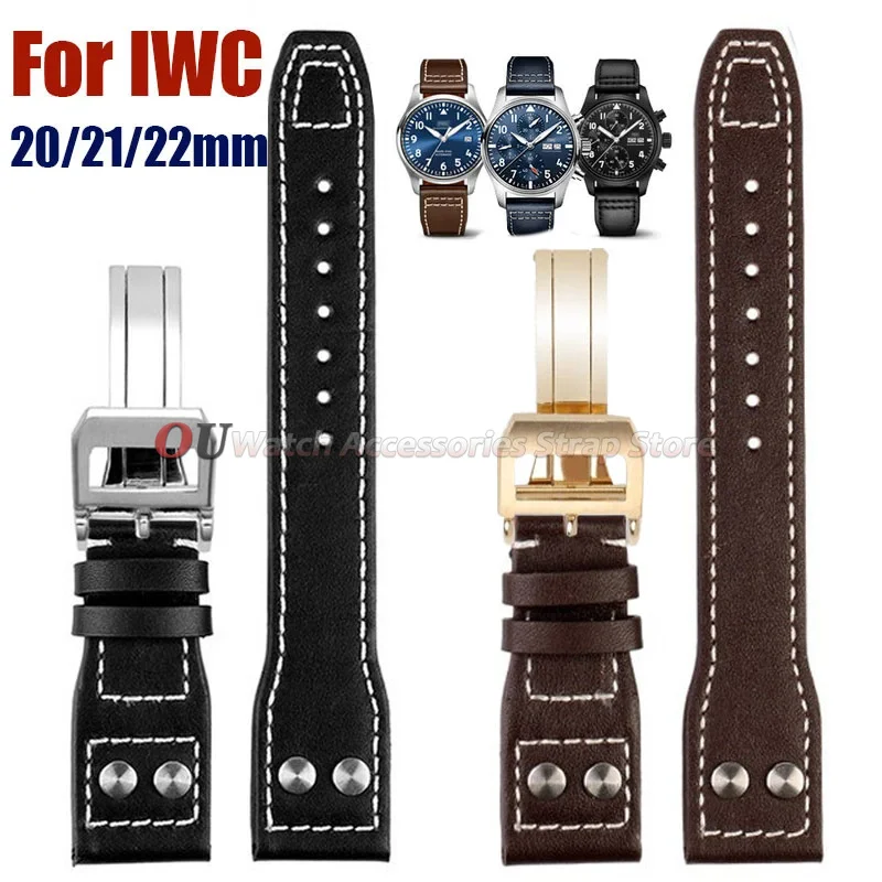 For IWC Pilot Leather Watch Strap 20mm 21mm 22mm for Portuguese Spitfire Fighter Watch Band Folding Buckle Cowhide Men Bracelet