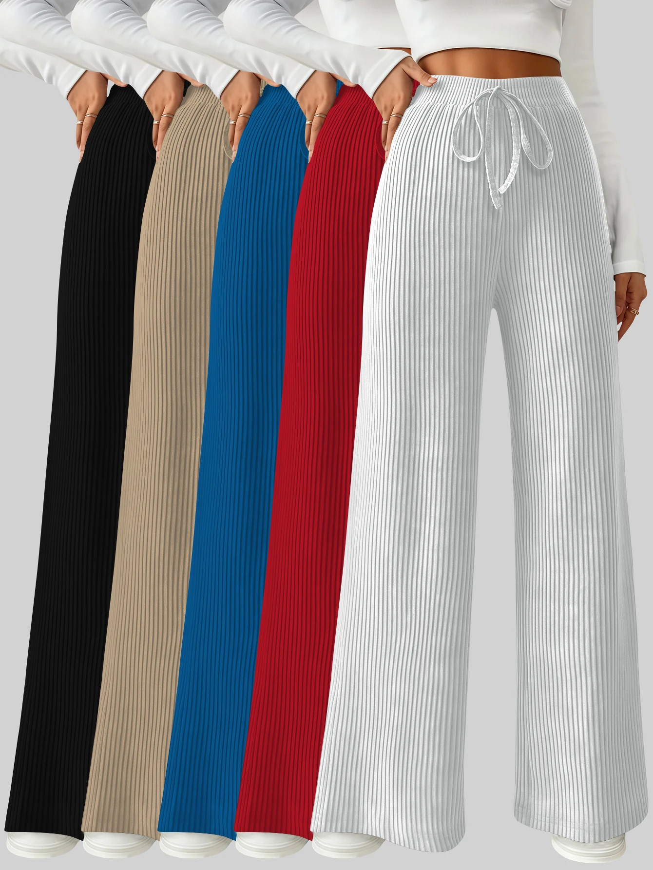 Einzelstück, einfarbig, einfach, vielseitig, lässig, elastische Taille, lange Damenhose, lässig, Basic-Stil, gestrickt, dehnbar, lockere Hose mit weitem Bein, mehrere Farboptionen