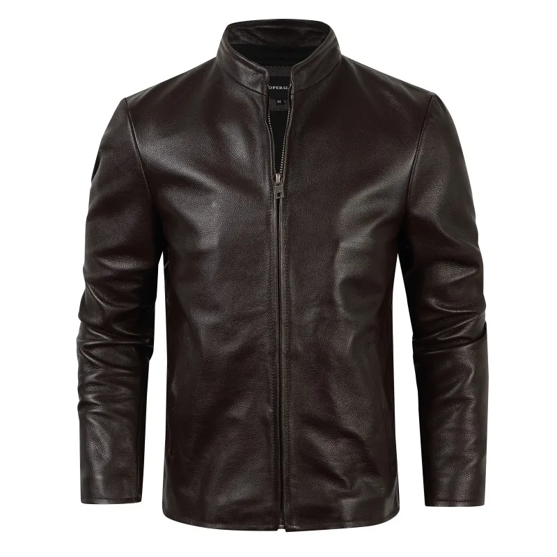 

Новая мужская куртка из натуральной кожи, верхний слой из воловьей кожи, темно-коричневая, с воротником-стойкой, приталенного кроя, простая верхняя одежда, модная городская деловая модель.