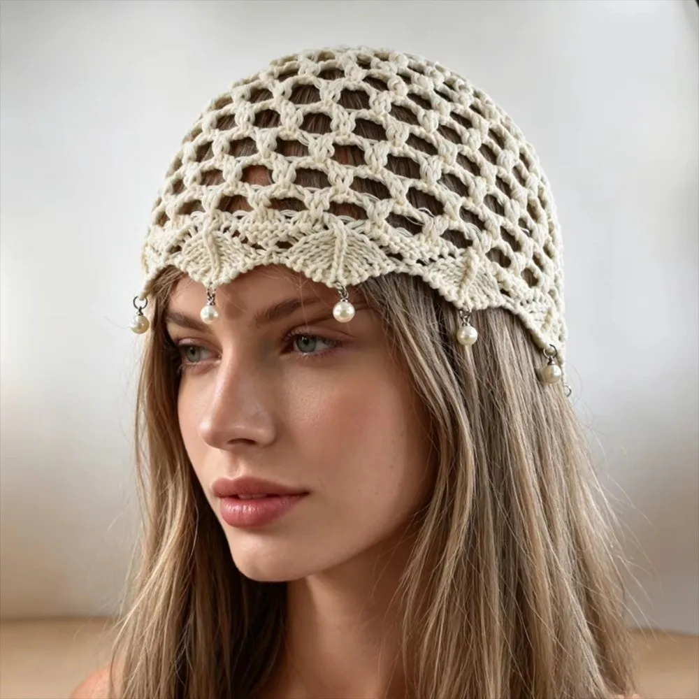 Hollow Out Crochet Knitted Hat Beads Tassels Adjustable Mesh Knitted Hat Pullover Style Handmade Charm Hollow Knit Cap Outdoor