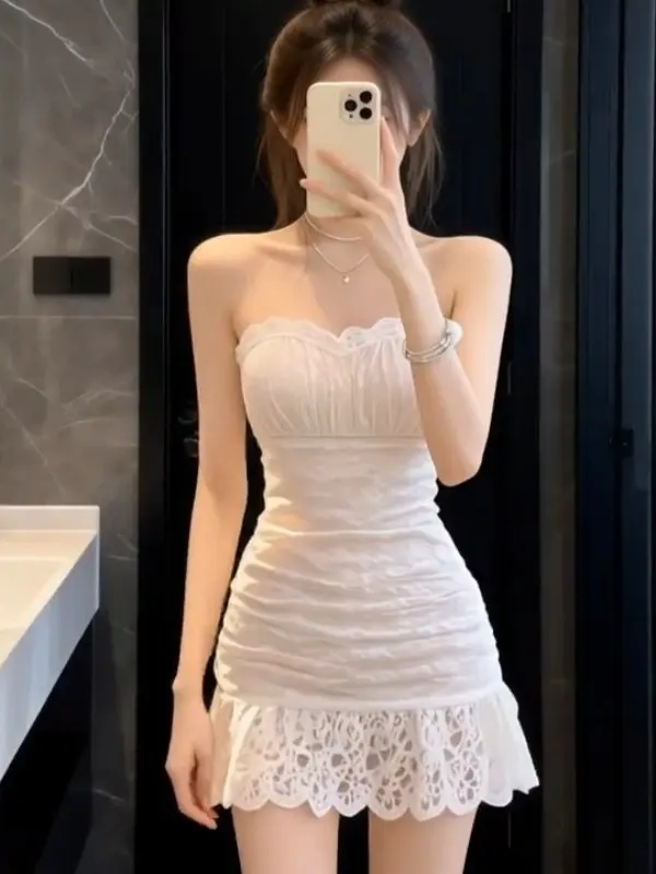 

Pure Desire White Lace Splice Pleated ort Dr Women Sexy Waist Inward Slim Fit Bodycon Dr Zipper Closure Bal Sle